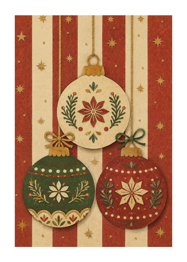 Tres adornos navideños decorativos en rojo, verde y dorado crean un ambiente navideño cálido y nostálgico.-12