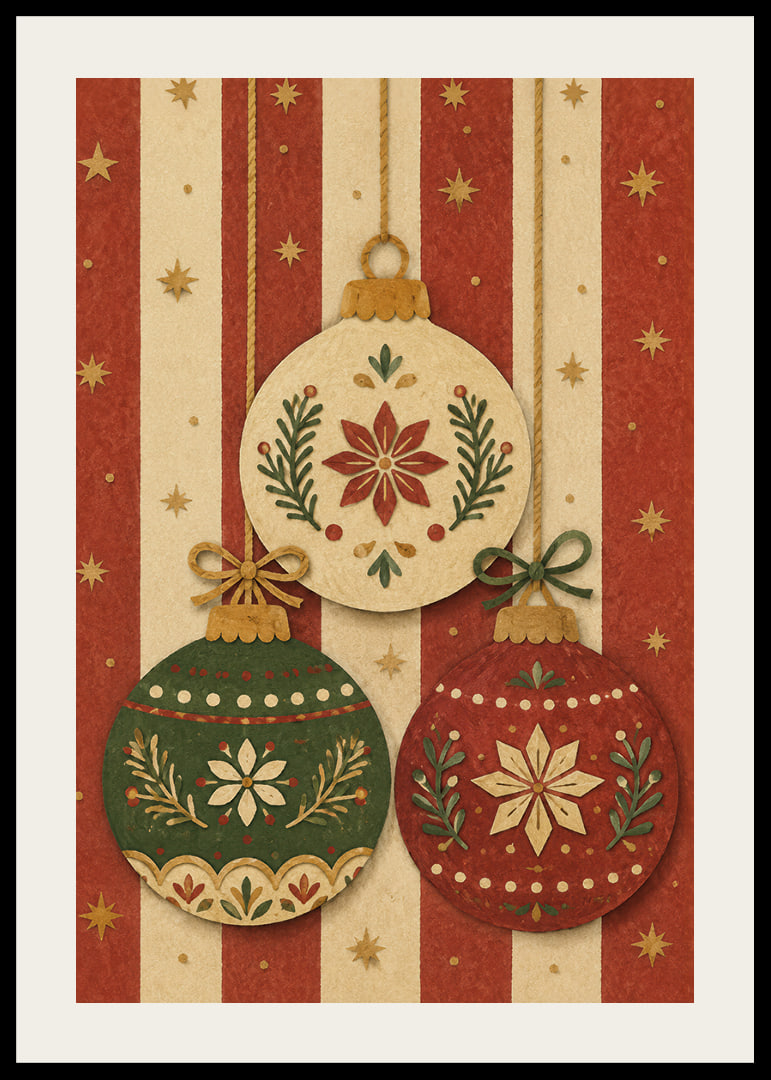 Tres adornos navideños decorativos en rojo, verde y dorado crean un ambiente navideño cálido y nostálgico.-12
