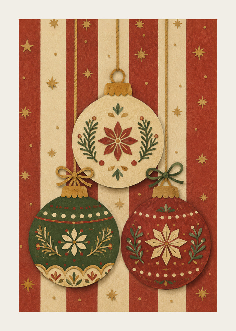 Tres adornos navideños decorativos en rojo, verde y dorado crean un ambiente navideño cálido y nostálgico.-12