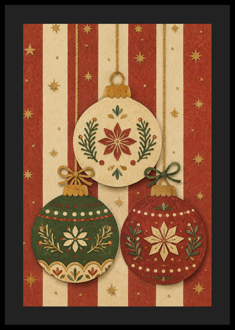 Tres adornos navideños decorativos en rojo, verde y dorado crean un ambiente navideño cálido y nostálgico.-12