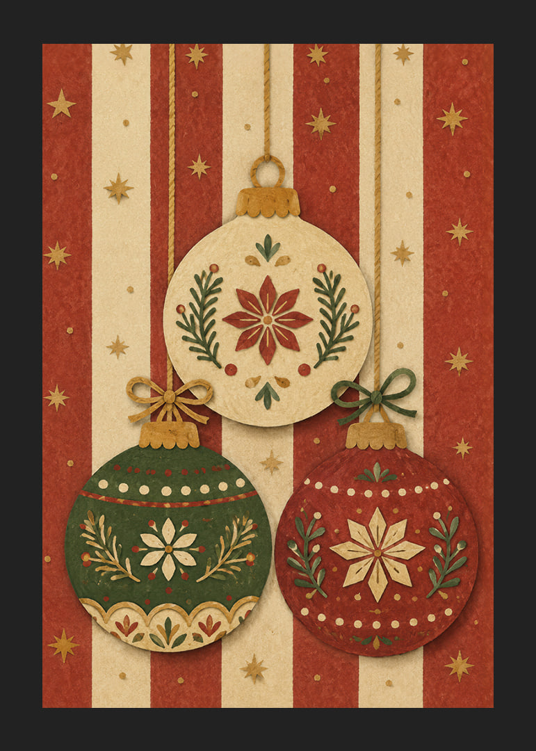 Tres adornos navideños decorativos en rojo, verde y dorado crean un ambiente navideño cálido y nostálgico.-12