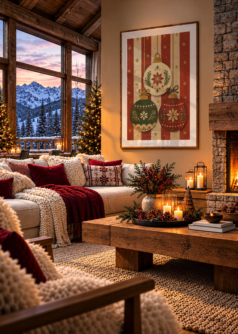 Tres adornos navideños decorativos en rojo, verde y dorado crean un ambiente navideño cálido y nostálgico.-12