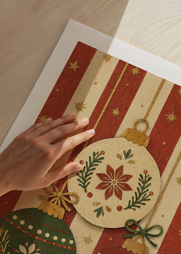 Tres adornos navideños decorativos en rojo, verde y dorado crean un ambiente navideño cálido y nostálgico.-12