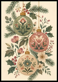 Adornos navideños florales entre abetos y acebos en tonos suaves y nostálgicos.-6
