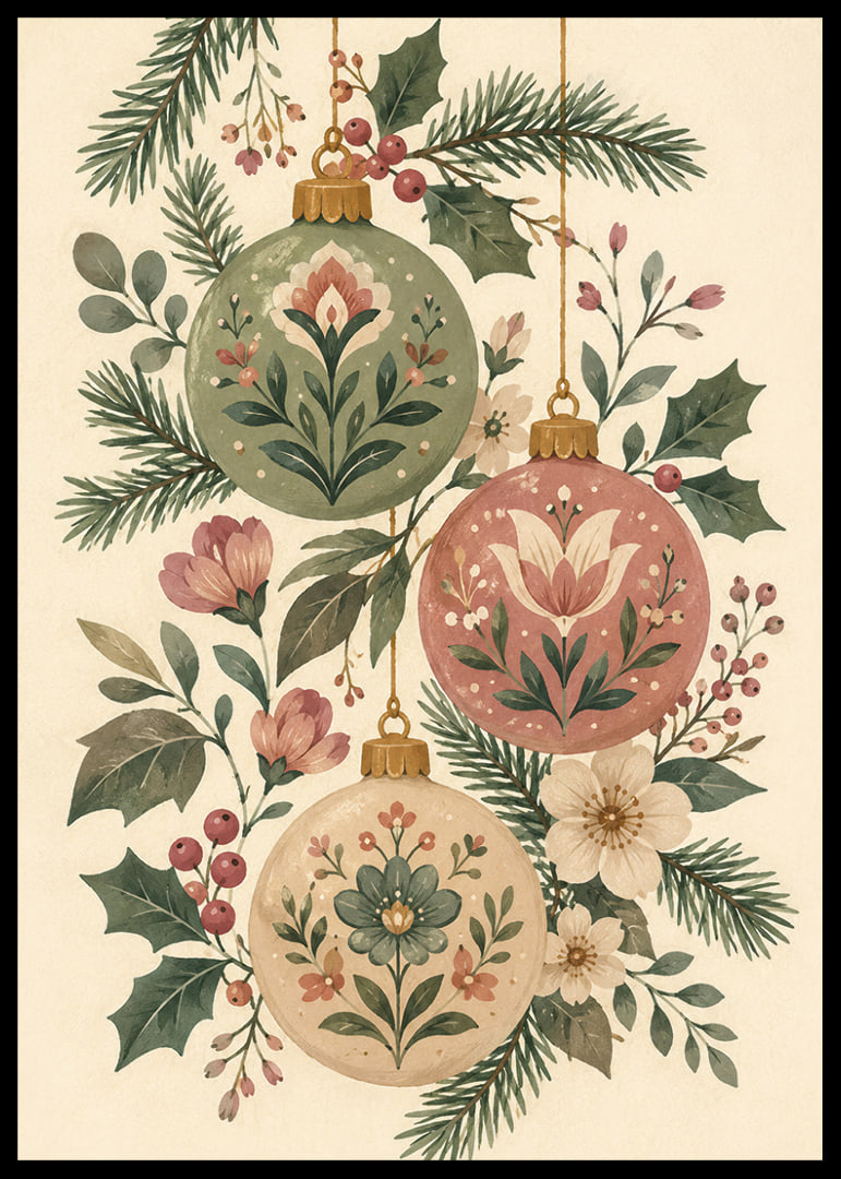 Adornos navideños florales entre abetos y acebos en tonos suaves y nostálgicos.-12