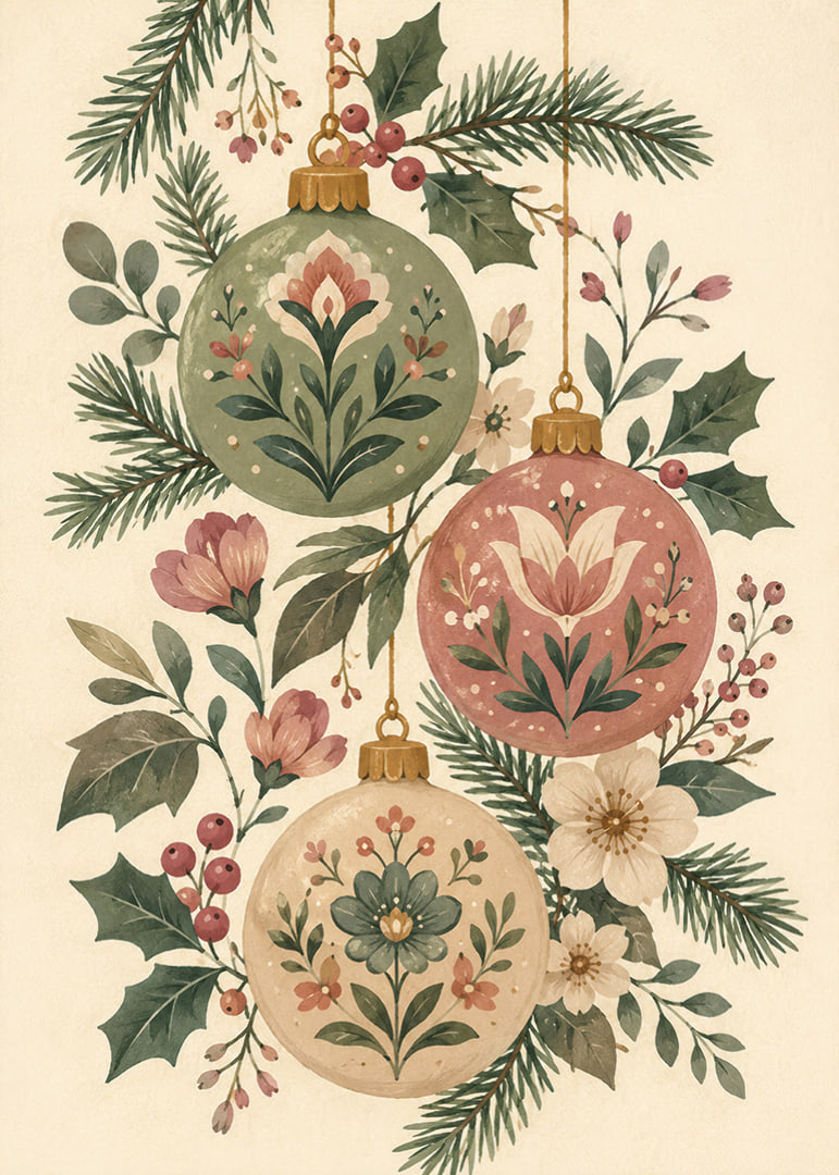 Adornos navideños florales entre abetos y acebos en tonos suaves y nostálgicos.-12
