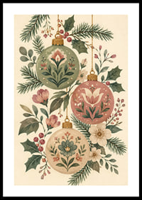Adornos navideños florales entre abetos y acebos en tonos suaves y nostálgicos.-0