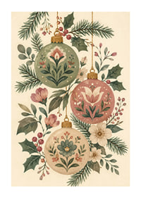 Adornos navideños florales entre abetos y acebos en tonos suaves y nostálgicos.-1