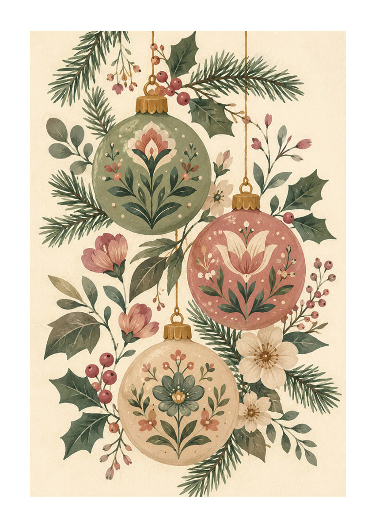 Adornos navideños florales entre abetos y acebos en tonos suaves y nostálgicos.-12