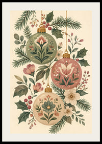 Adornos navideños florales entre abetos y acebos en tonos suaves y nostálgicos.-2