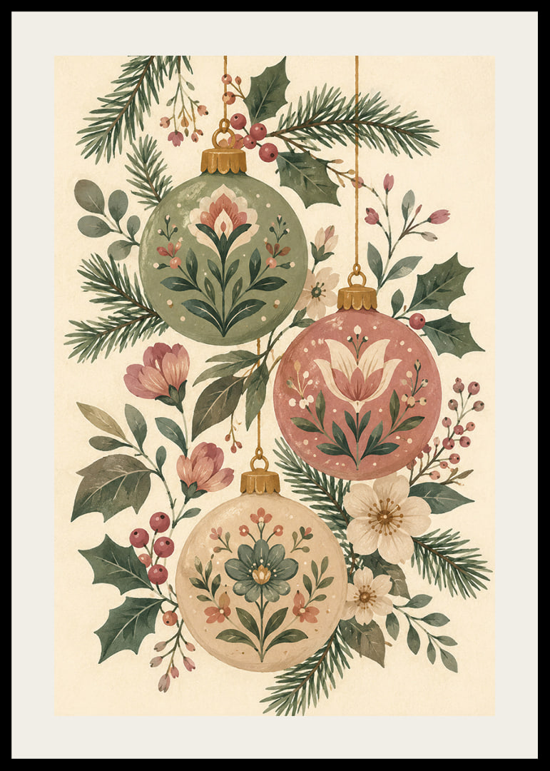Adornos navideños florales entre abetos y acebos en tonos suaves y nostálgicos.-12