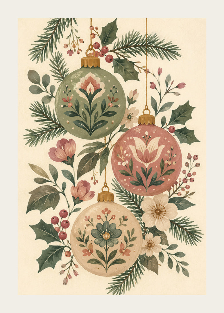 Adornos navideños florales entre abetos y acebos en tonos suaves y nostálgicos.-12