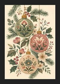 Adornos navideños florales entre abetos y acebos en tonos suaves y nostálgicos.-5
