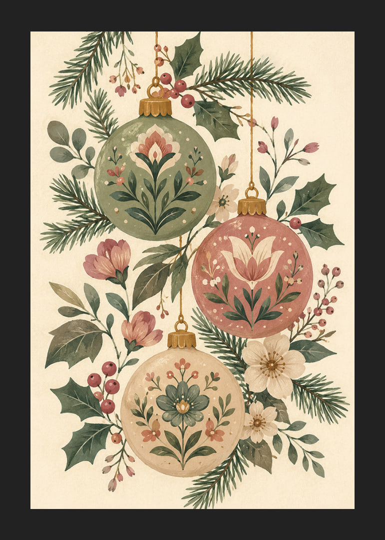 Adornos navideños florales entre abetos y acebos en tonos suaves y nostálgicos.-12