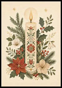 Una cálida ilustración invernal con una vela adornada con flores entre abetos y acebos.-6