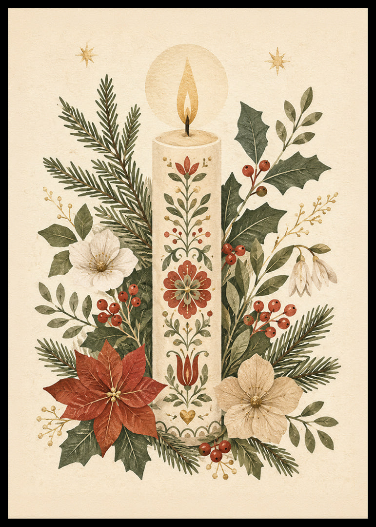 Una cálida ilustración invernal con una vela adornada con flores entre abetos y acebos.-12