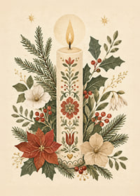Una cálida ilustración invernal con una vela adornada con flores entre abetos y acebos.-7