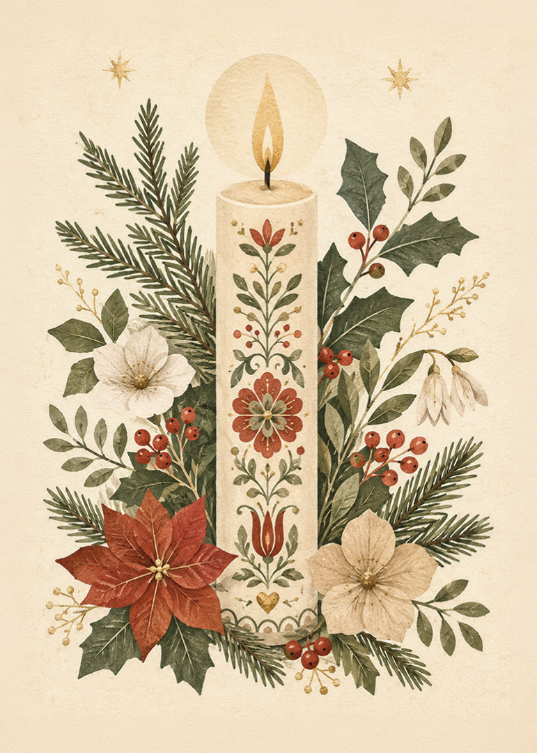 Una cálida ilustración invernal con una vela adornada con flores entre abetos y acebos.-12
