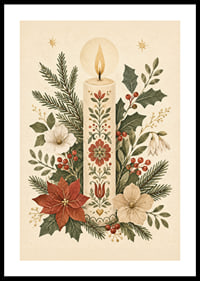Una cálida ilustración invernal con una vela adornada con flores entre abetos y acebos.-0
