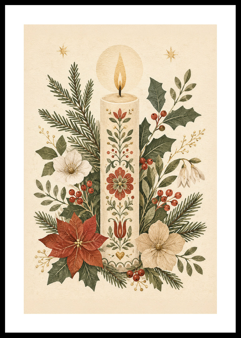 Una cálida ilustración invernal con una vela adornada con flores entre abetos y acebos.-12