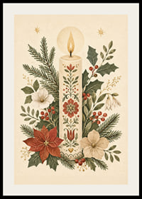 Una cálida ilustración invernal con una vela adornada con flores entre abetos y acebos.-2