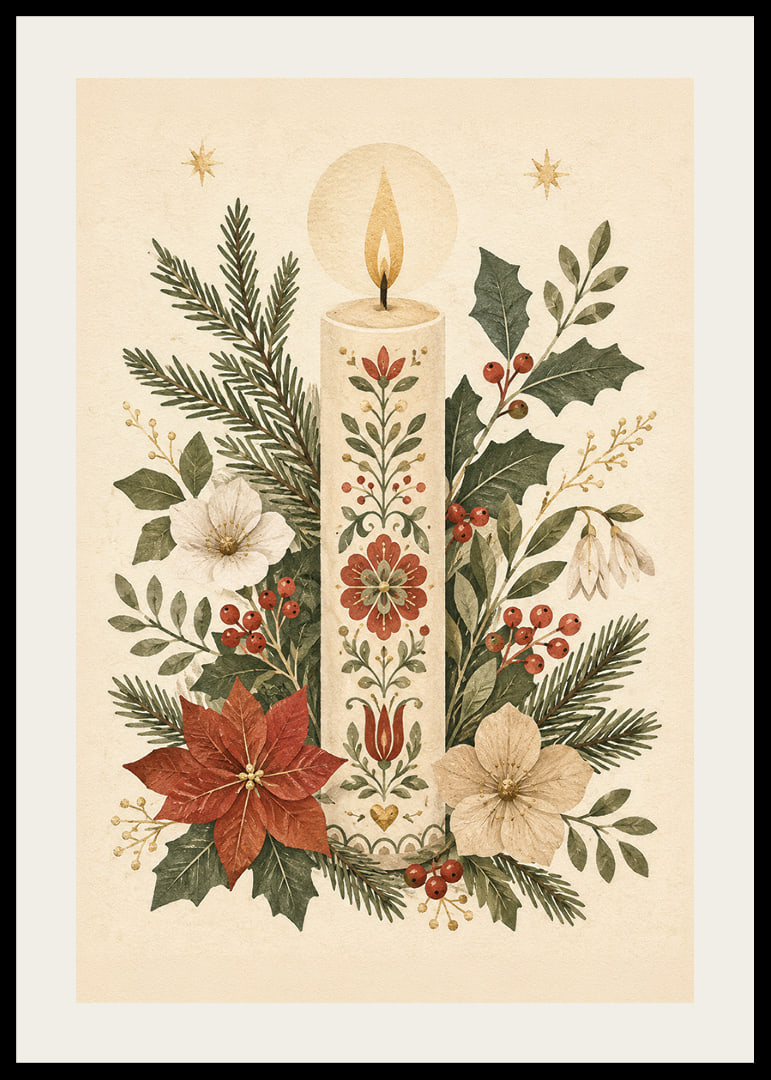 Una cálida ilustración invernal con una vela adornada con flores entre abetos y acebos.-12