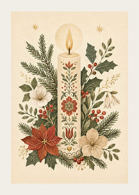 Una cálida ilustración invernal con una vela adornada con flores entre abetos y acebos.-3