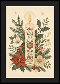 Una cálida ilustración invernal con una vela adornada con flores entre abetos y acebos.-4