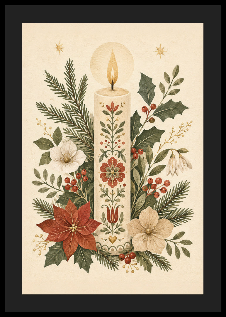 Una cálida ilustración invernal con una vela adornada con flores entre abetos y acebos.-12