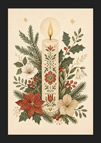 Una cálida ilustración invernal con una vela adornada con flores entre abetos y acebos.-5