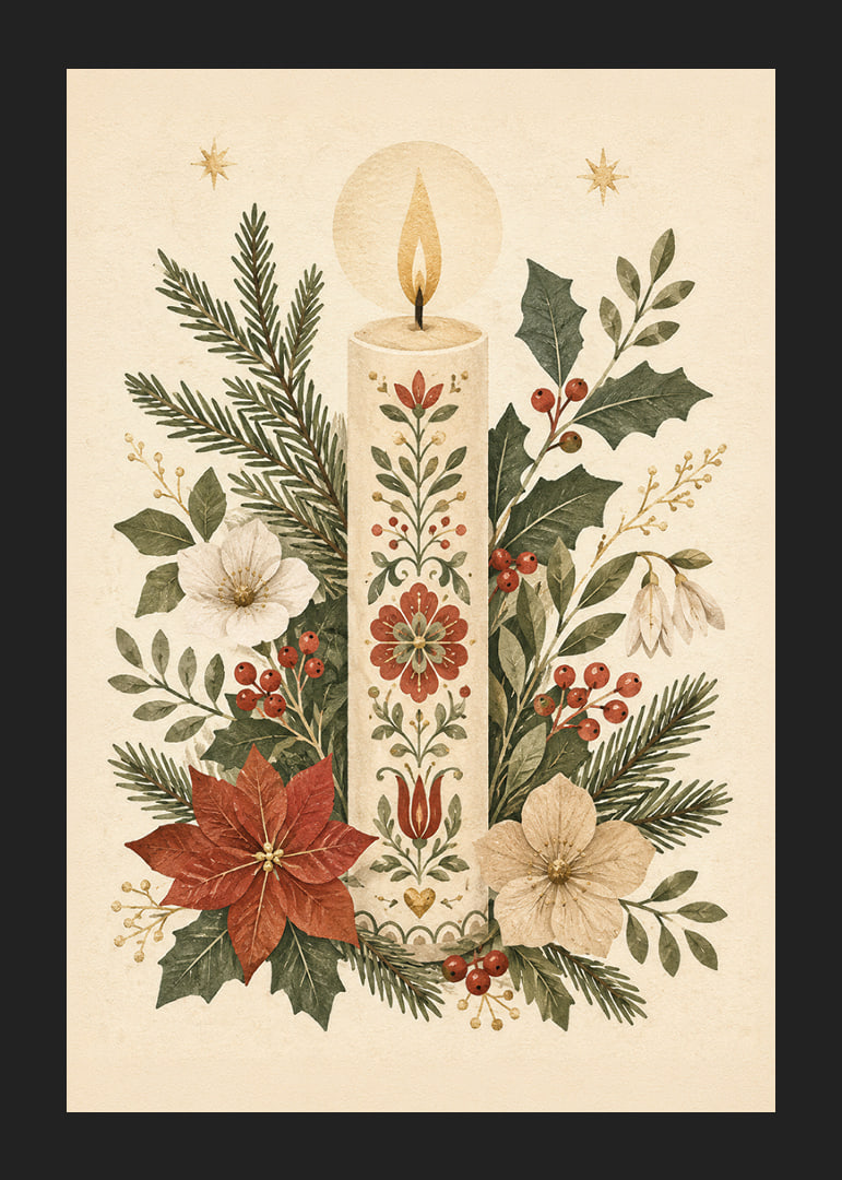 Una cálida ilustración invernal con una vela adornada con flores entre abetos y acebos.-12
