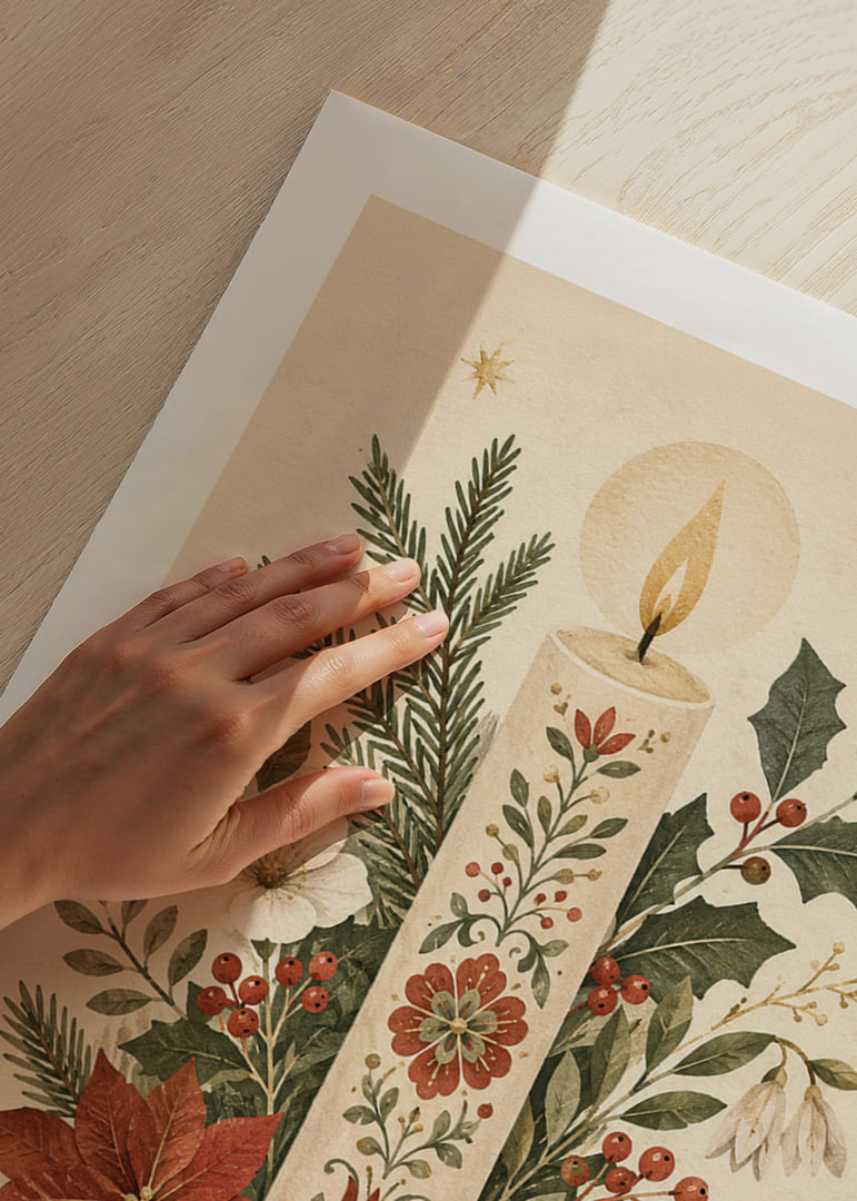 Una cálida ilustración invernal con una vela adornada con flores entre abetos y acebos.-12