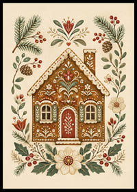 Una casita de jengibre de cuento de hadas rodeada de ramas invernales, bayas y flores.-6