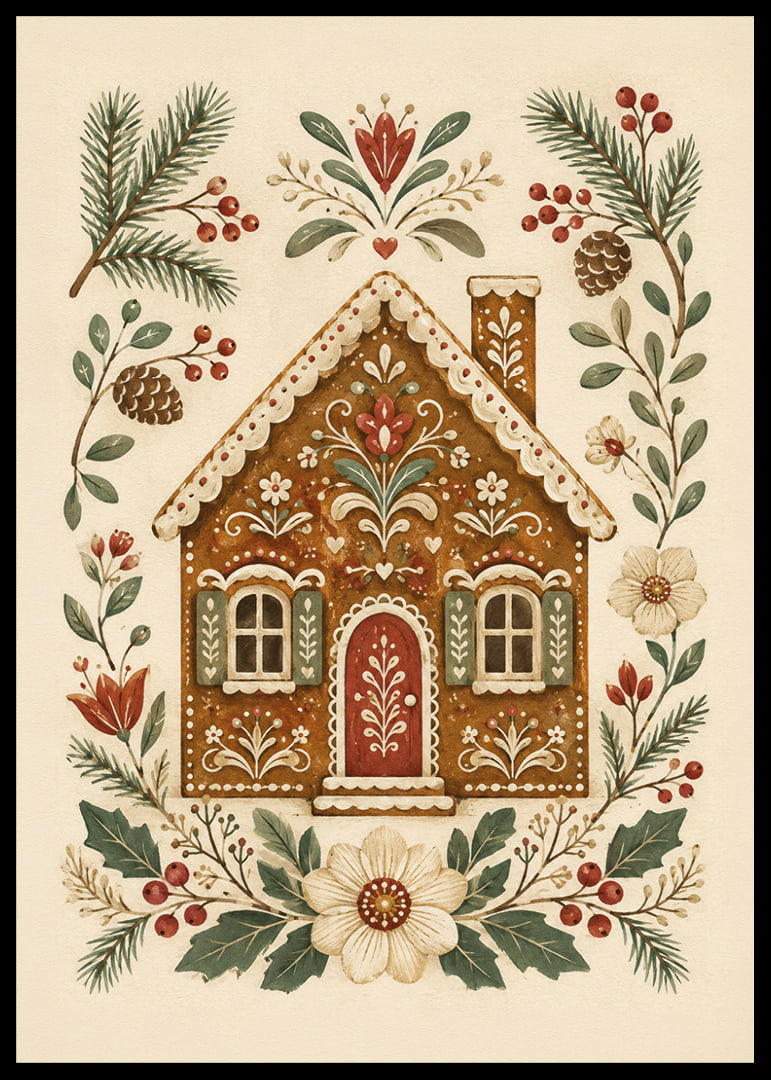 Una casita de jengibre de cuento de hadas rodeada de ramas invernales, bayas y flores.-12