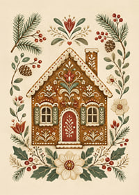 Una casita de jengibre de cuento de hadas rodeada de ramas invernales, bayas y flores.-7