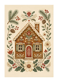 Una casita de jengibre de cuento de hadas rodeada de ramas invernales, bayas y flores.-1