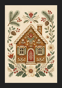 Una casita de jengibre de cuento de hadas rodeada de ramas invernales, bayas y flores.-5