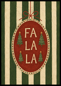 Cartel navideño con bola de adorno roja, abetos y la frase "Fa La La" con un toque vintage.-6