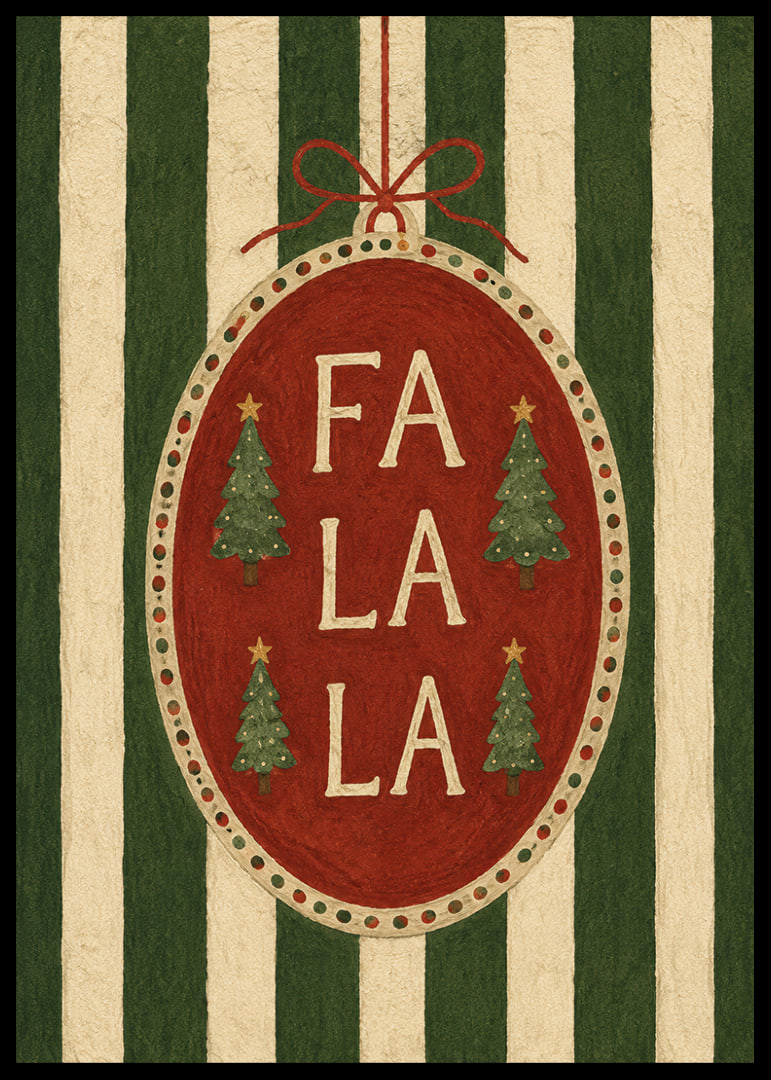 Cartel navideño con bola de adorno roja, abetos y la frase "Fa La La" con un toque vintage.-12