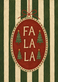 Cartel navideño con bola de adorno roja, abetos y la frase "Fa La La" con un toque vintage.-7