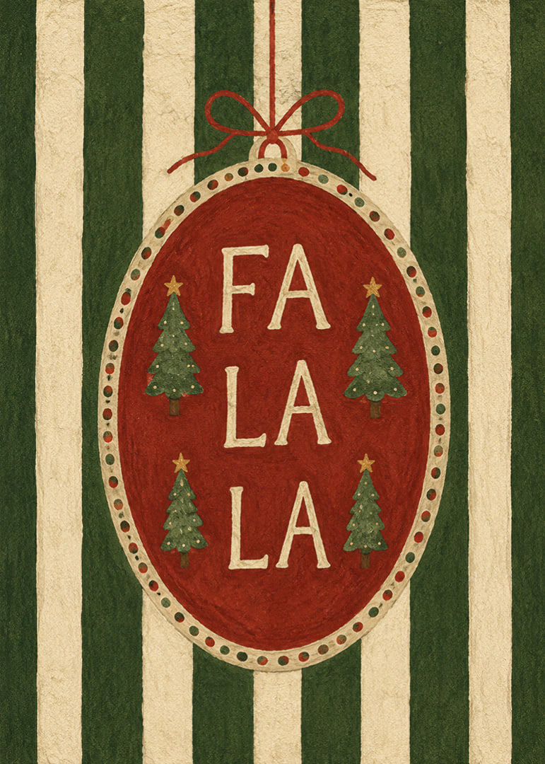Cartel navideño con bola de adorno roja, abetos y la frase "Fa La La" con un toque vintage.-12