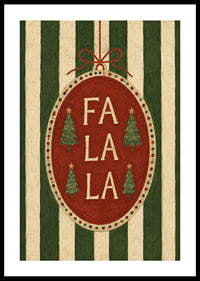 Cartel navideño con bola de adorno roja, abetos y la frase "Fa La La" con un toque vintage.-0