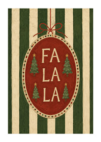 Cartel navideño con bola de adorno roja, abetos y la frase "Fa La La" con un toque vintage.-1