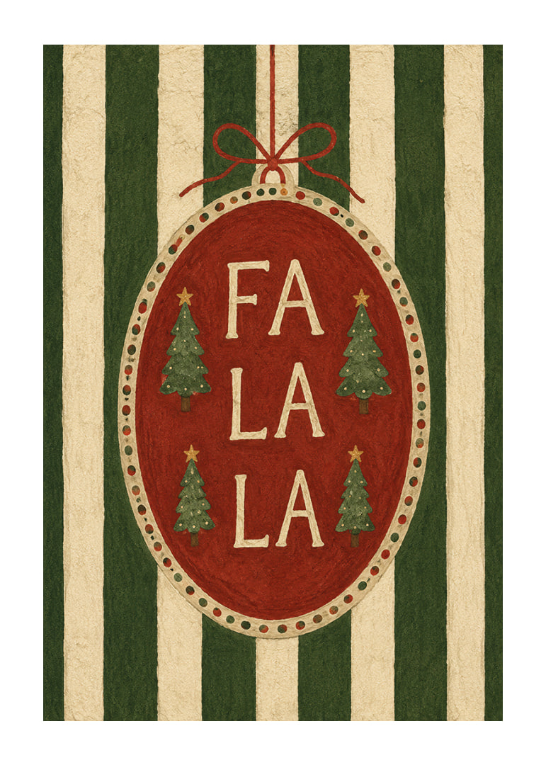 Cartel navideño con bola de adorno roja, abetos y la frase "Fa La La" con un toque vintage.-12