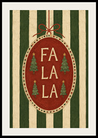 Cartel navideño con bola de adorno roja, abetos y la frase "Fa La La" con un toque vintage.-2