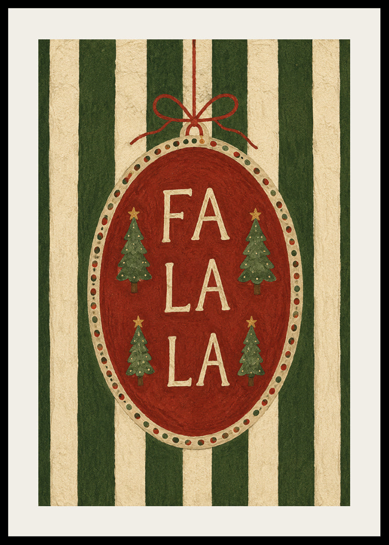 Cartel navideño con bola de adorno roja, abetos y la frase "Fa La La" con un toque vintage.-12