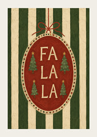 Cartel navideño con bola de adorno roja, abetos y la frase "Fa La La" con un toque vintage.-3