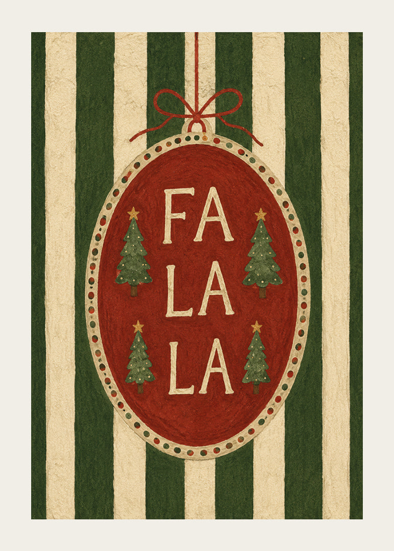 Cartel navideño con bola de adorno roja, abetos y la frase "Fa La La" con un toque vintage.-12