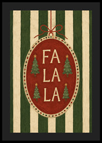Cartel navideño con bola de adorno roja, abetos y la frase "Fa La La" con un toque vintage.-4