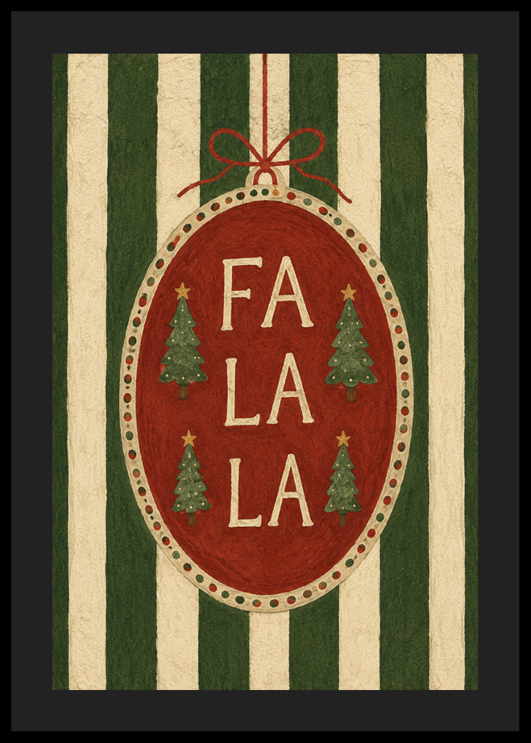 Cartel navideño con bola de adorno roja, abetos y la frase "Fa La La" con un toque vintage.-12